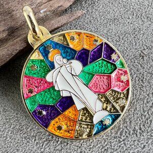 Religious ITALY Pendant Madonna Mary & Jesus Gold Tone Stained Glass Enamel